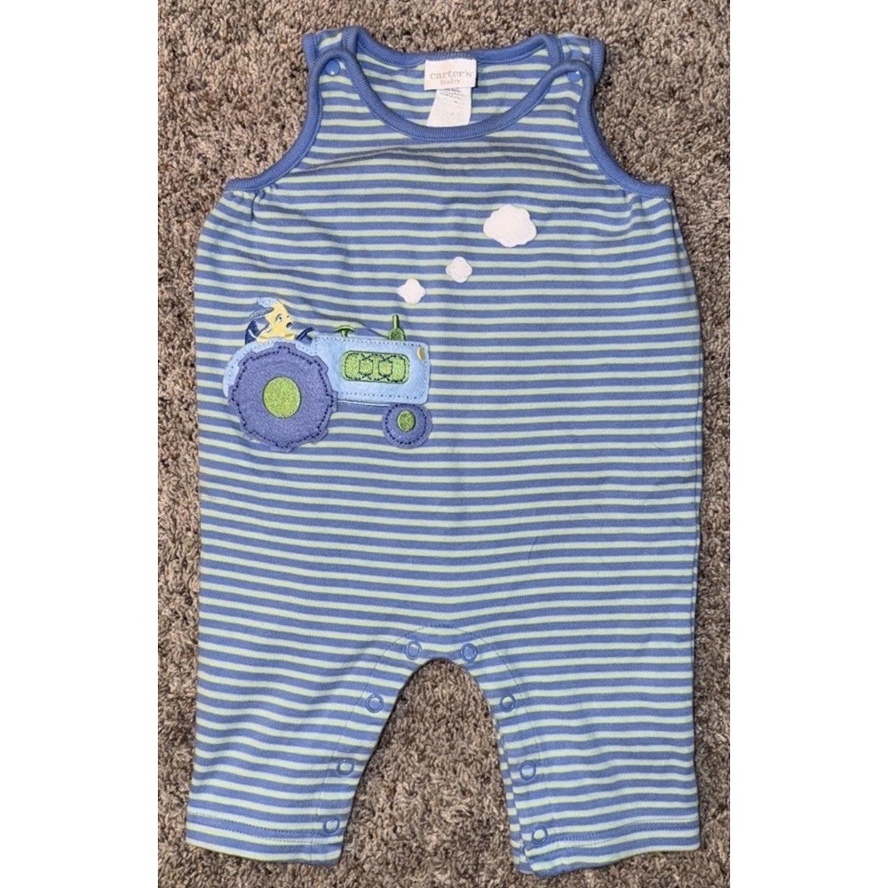 Vintage Boy Carter's Baby Striped Dog Tractor Outfit Set Romper Blue 6-9 Months‎